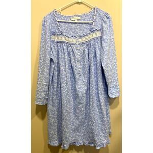 EILEEN WEST Long Sleeve Blue Floral Jersey Knit Cotton Nightgown Sz Large
